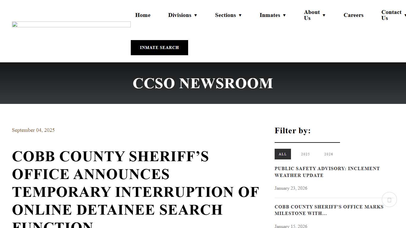 Cobb County Sheriff's Office - Cobb County Sheriff’s Office Announces Temporary Interruption of Online Detainee Search Function